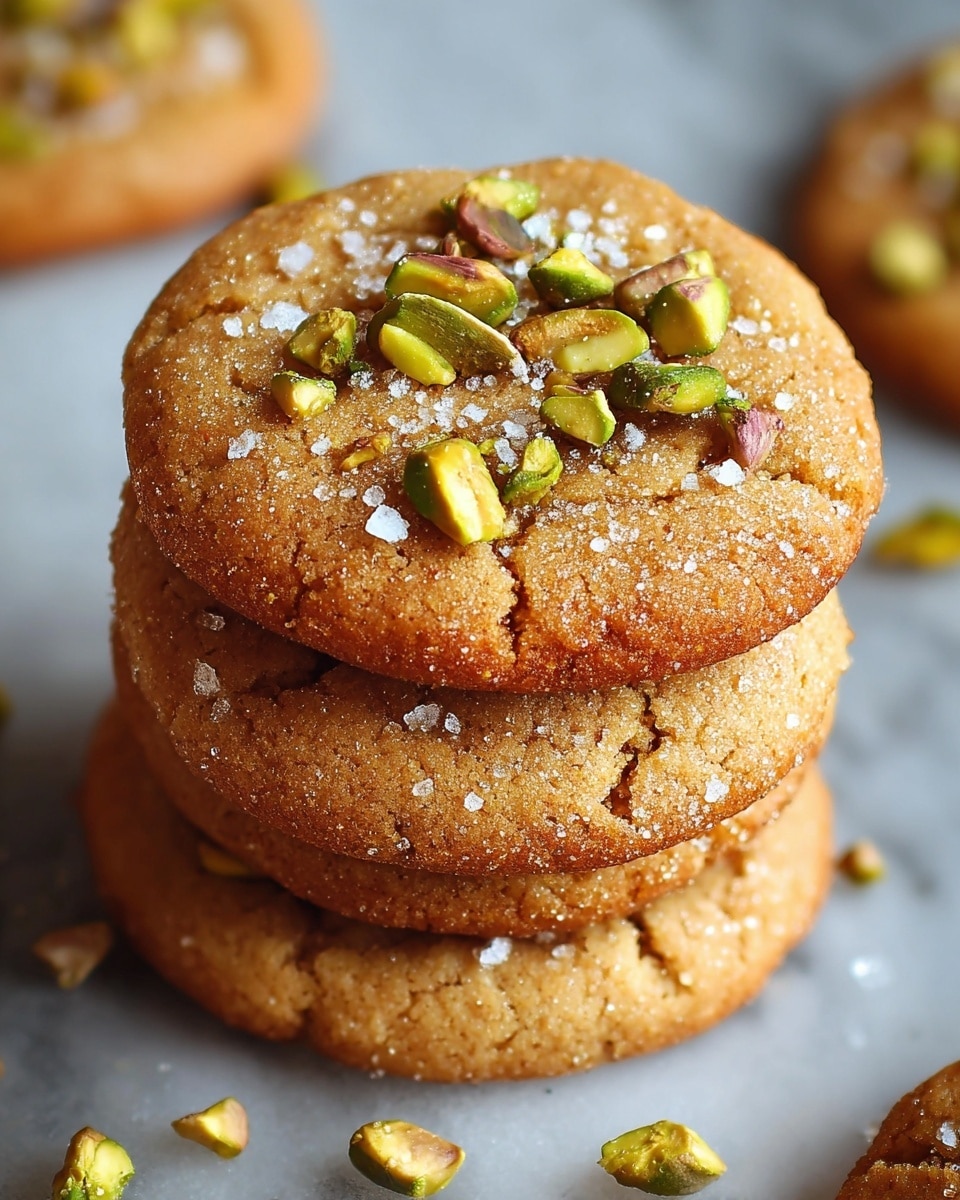 A stack of three golden brown cookies is shown close up on a white marbled surface, with the top cookie sprinkled with coarse sea salt and chopped green pistachios. The cookies have a slightly cracked texture and a shiny, sugary glaze that catches the light. More cookies are blurred in the background. The overall color palette is warm with light brown and green highlights. Photo taken with an iphone --ar 4:5 --v 7