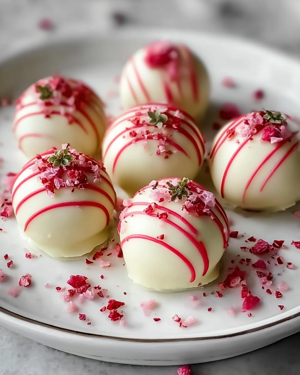 The image shows a close-up of eight round white chocolate truffles arranged on a white plate with a slight edge. Each truffle is covered in smooth, glossy white chocolate and decorated with bright pink sugar crystals and small green herb pieces sprinkled on top. Some truffles have thin, red, diagonal drizzle lines crossing their surface. The plate's edge has some scattered pink sugar crystals for added detail, and the background shows a soft white marbled texture. photo taken with an iphone --ar 4:5 --v 7