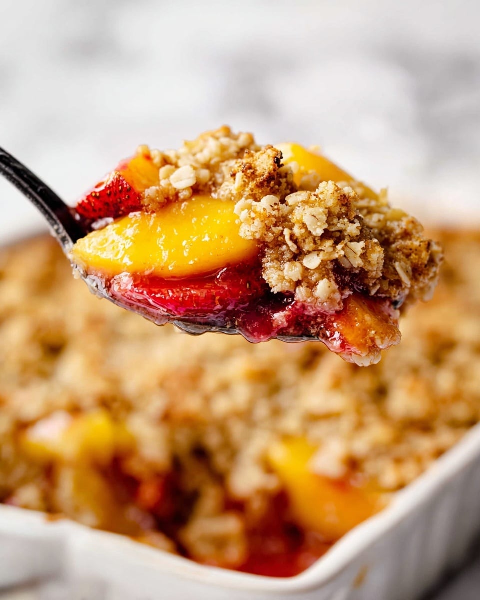 A close-up of a spoon holding a serving of peach and strawberry crisp, showing three layers: a shiny, juicy bottom layer of bright yellow peaches mixed with red strawberries, a middle layer of soft, cooked fruit with syrup, and a top layer of golden brown crumbly oat topping with a slightly rough texture and small toasted bits. The spoon is black and the dish it is taken from is a white baking dish with the same crisp visible inside. The background is a white marbled texture. photo taken with an iphone --ar 4:5 --v 7