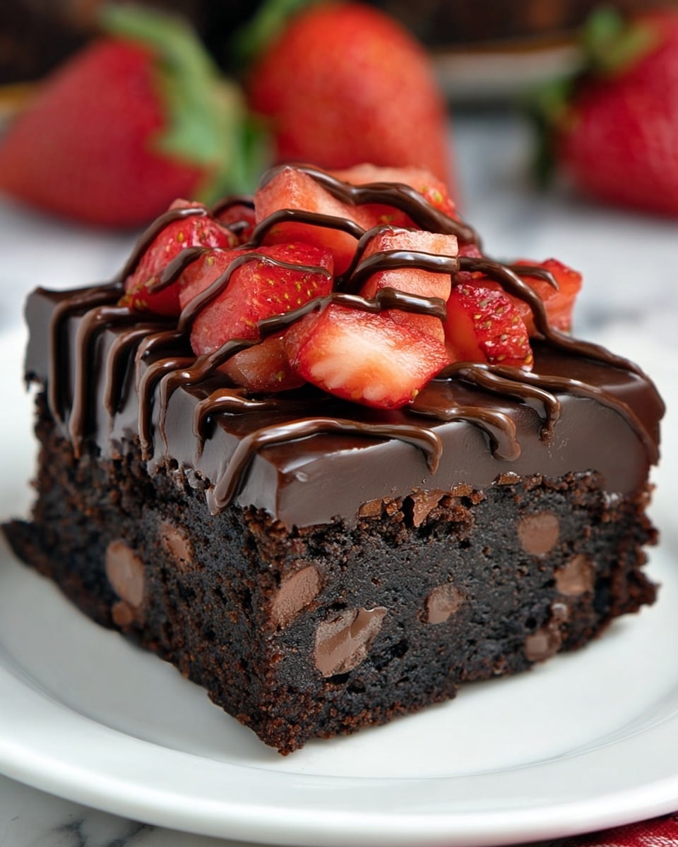 A single square piece of rich, dark chocolate brownie with a dense, moist texture and small chocolate chunks inside, topped with a smooth, glossy layer of dark chocolate ganache; fresh, bright red strawberry pieces are placed on top, and thin lines of dark chocolate drizzle are artistically spread over the strawberries and ganache, all set on a white plate with a white marbled background. photo taken with an iphone --ar 4:5 --v 7
