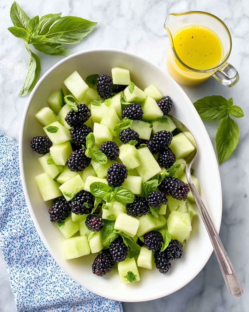 A white oval dish filled with a layer of light green honeydew melon cubes, topped with scattered shiny black blackberries and bright green fresh basil leaves for garnish. A silver spoon rests on the right side inside the dish. Near the top right is a clear glass pitcher with yellow vinaigrette sauce. The dish sits on a white marbled surface with a few blackberries and basil leaves scattered around. A blue and white cloth is partially visible on the bottom left corner. photo taken with an iphone --ar 4:5 --v 7