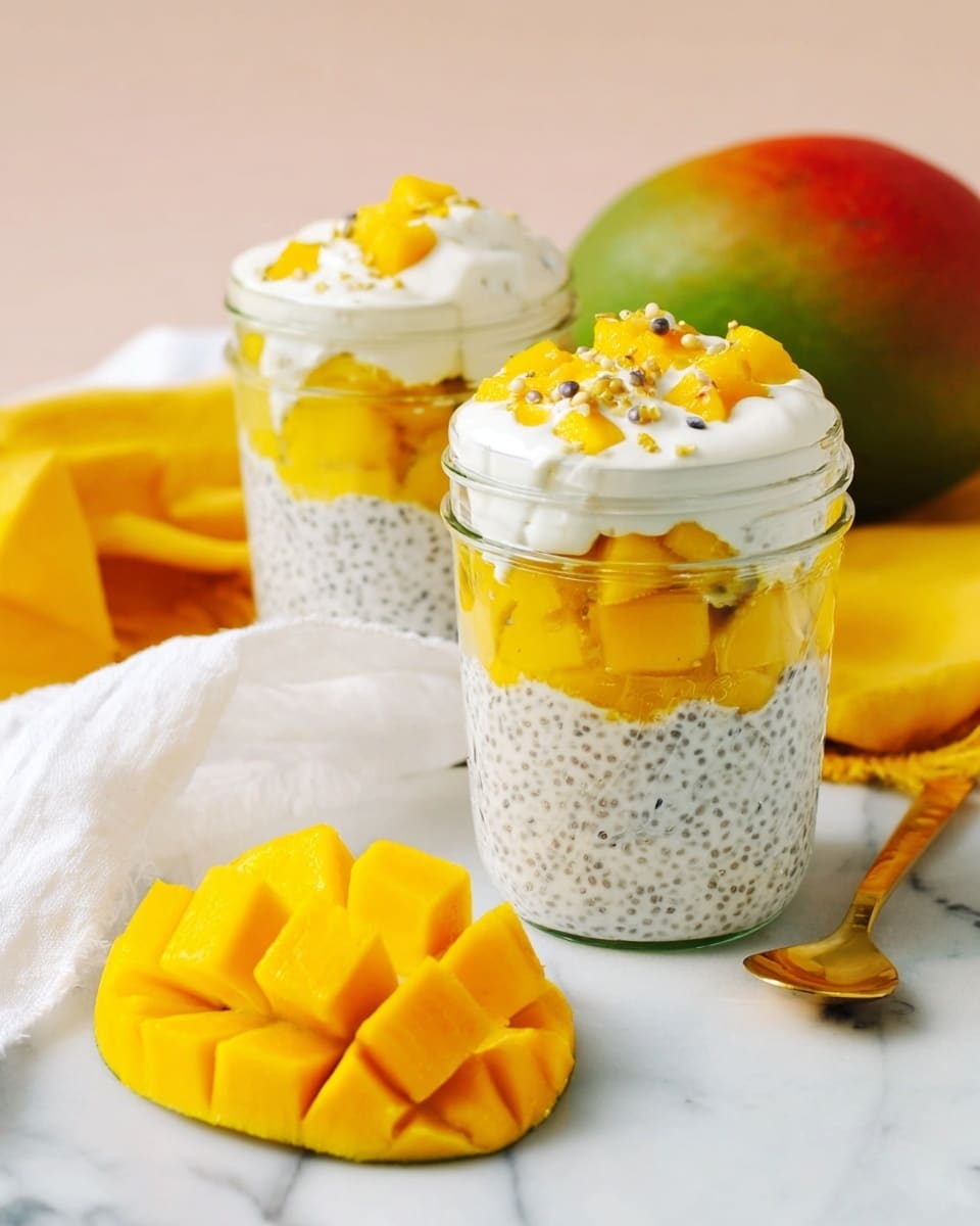 Two clear glass jars filled with a three-layer dessert are shown on a white marbled surface. The bottom layer consists of bright orange mango chunks, the middle layer is a creamy white chia seed pudding with tiny black chia seeds visible throughout, and the top layer is white whipped cream topped with more mango chunks and a sprinkle of seeds. To the left, there is a white plate holding a half mango cut into square chunks while a whole mango with a green and red skin is on the right side. A golden spoon and a yellow cloth are placed near the jars in the front. The background is soft pink. Photo taken with an iphone --ar 4:5 --v 7