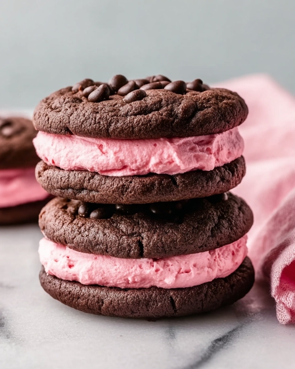 The image shows a close-up of two stacked chocolate cookie sandwiches on a white marbled surface. Each sandwich has three layers: the top and bottom layers are dark, rich chocolate cookies with a cracked texture and visible chocolate chips embedded in them. The middle layer is thick, smooth, and creamy pink frosting with a few small red specks, filling the space between the cookies. In the background, there is a soft pink cloth slightly out of focus. The lighting is soft, emphasizing the rich texture and colors of the sandwich. photo taken with an iphone --ar 4:5 --v 7