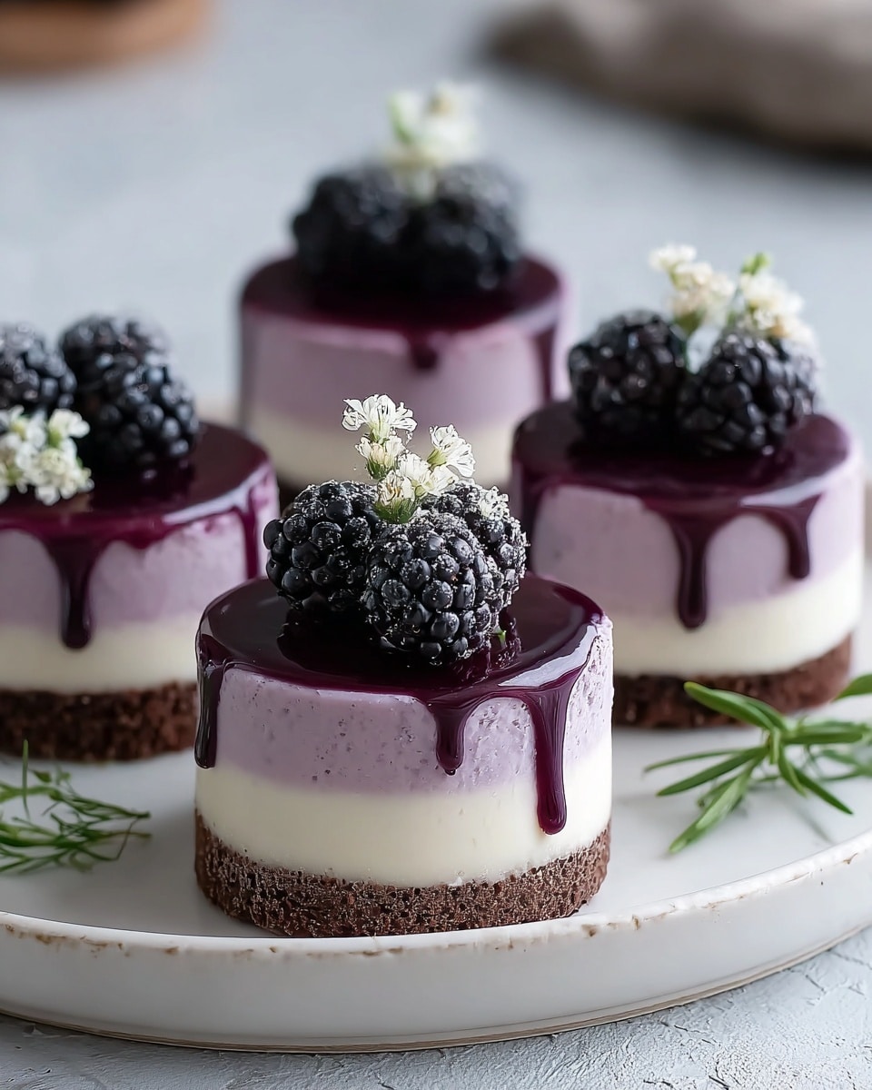Four small round cakes sit on a white plate with a textured edge. Each cake has three visible layers: a bottom dark brown crumbly layer, a middle light purple mousse-like layer, and a thick top white cream layer. A shiny dark purple glaze drips slightly down from the top edge of the white layer. On top of each cake, two large blackberries are placed, dusted lightly with powdered sugar and decorated with small white flowers and green leaves. The plate rests on a white marbled surface, with some small green leaves scattered around. Photo taken with an iphone --ar 4:5 --v 7