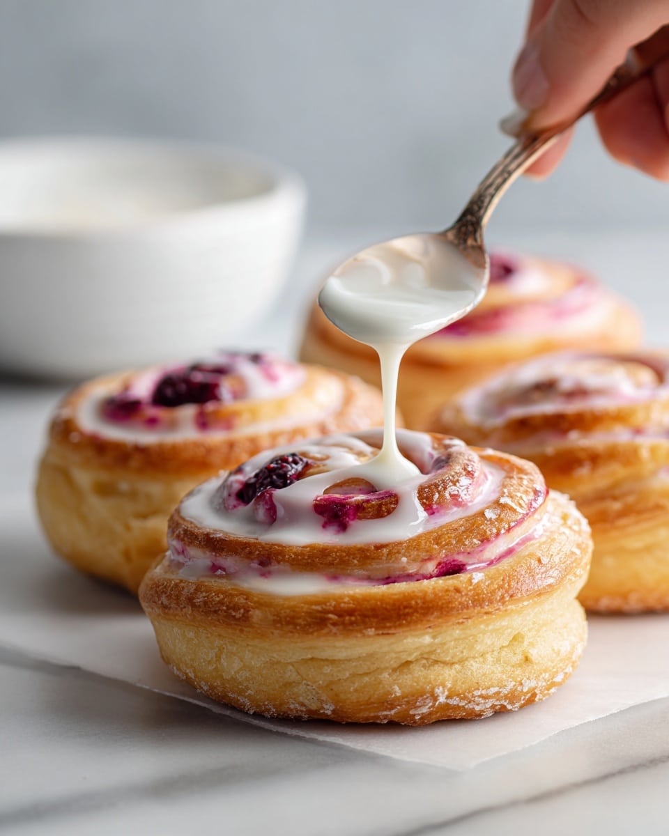 A close-up of a ring-shaped swirl pastry with golden brown edges and visible layers of soft dough with pink berry filling that has spread slightly on the white marbled surface beneath. A woman's hand holding a spoon drizzles smooth white icing in a thin stream over the top of the pastries, adding a glossy coat that contrasts with the textured dough and bright berry color. In the blurred background, there is a white bowl adding to the clean setting. photo taken with an iphone --ar 4:5 --v 7
