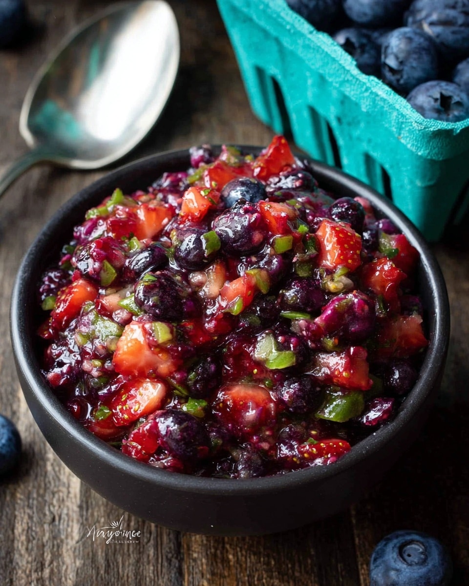 A small black bowl filled with a fresh, mixed berry salsa featuring visible layers of whole plump blueberries and finely chopped red strawberries, with small bits of green jalapeño or herbs mixed throughout, all coated in a slightly glossy, juicy texture. The bowl sits on a rough wooden surface next to a blurred spoon with a shiny metallic finish, and a small blue-green carton of blueberries is seen in the background. photo taken with an iphone --ar 4:5 --v 7