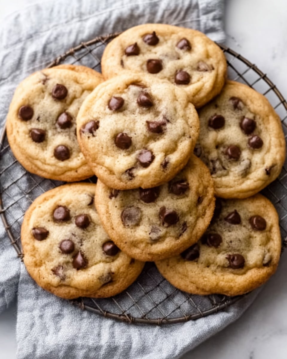 A cooling rack filled with golden brown chocolate chip cookies, each cookie showing a soft, slightly chewy texture with melted chocolate chips scattered generously on top. The cookies are round with a slightly cracked surface, and the chocolate chips appear glossy and rich. The rack is placed on a white marbled surface with a gray cloth partially visible beneath it. The image feels warm and inviting, with the cookies arranged casually in a close cluster. Photo taken with an iphone --ar 4:5 --v 7