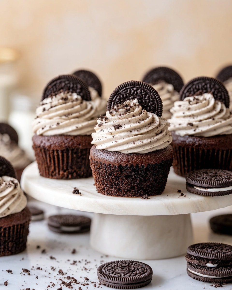 A set of chocolate cupcakes each with three layers: the bottom is a dark brown cupcake with a moist, slightly textured surface inside a dark brown wrapper; the middle layer is a thick swirl of light gray frosting with black specks, smooth and creamy, forming two round swirls; the top layer features a whole chocolate sandwich cookie pressed into the frosting, standing upright, and sprinkled with small cookie crumb bits. The cupcakes sit on a white marble cake stand with a short pedestal and a white marbled surface beneath with scattered cookie crumbs and whole cookies. The background is a soft beige with a faint white marbled texture. photo taken with an iphone --ar 4:5 --v 7