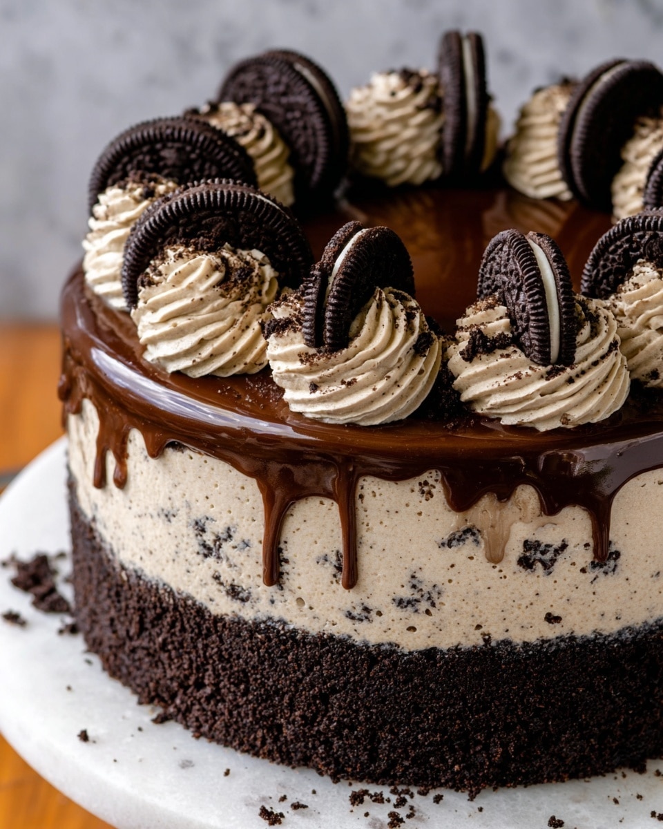 This cake has three layers: the bottom layer is dark brown crumbly chocolate, the middle layer is a light cream with black specks, and the top layer is smooth, glossy dark chocolate ganache with drips running down the sides. On top, there is a circle of whipped cream swirls with black specks, each topped with a halved chocolate sandwich cookie with white filling. Dark cookie crumbs are sprinkled over the top center, and the cake sits on a wooden board against a white marbled texture background. photo taken with an iphone --ar 4:5 --v 7