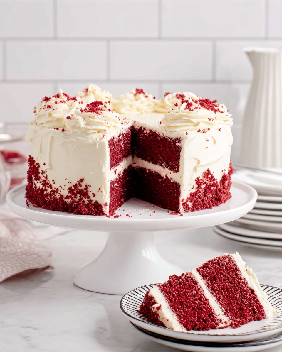 A two-layer red velvet cake sits on a white cake stand with thick white cream cheese frosting between the layers and covering the outside partially, showing some red crumb texture through the frosting. The top of the cake is sprinkled with red velvet crumbs for decoration. One slice is cut out, revealing the dark red inside contrasting with the creamy white frosting. A piece of the cut slice is on a white plate with a dark rim in the foreground, with the background being a white marbled surface and white tiled wall. Photo taken with an iphone --ar 4:5 --v 7