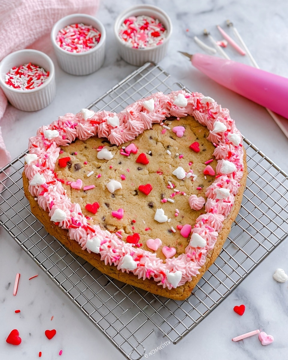 The image shows a large heart-shaped cookie on a metal cooling rack placed on a white marbled surface. The cookie is light brown with a slightly rough texture and has small colorful heart and sprinkle decorations in red, white, and pink scattered on top. Around the edge is a border of pink piped frosting with a soft, fluffy texture, accented by white sprinkles. The cookie appears thick and slightly raised, and there are extra heart-shaped sprinkles scattered around the base on the marble surface. In the background, a pink piping bag and several decorating tips, along with white ramekins holding pink and white sprinkles, can be seen. photo taken with an iphone --ar 4:5 --v 7