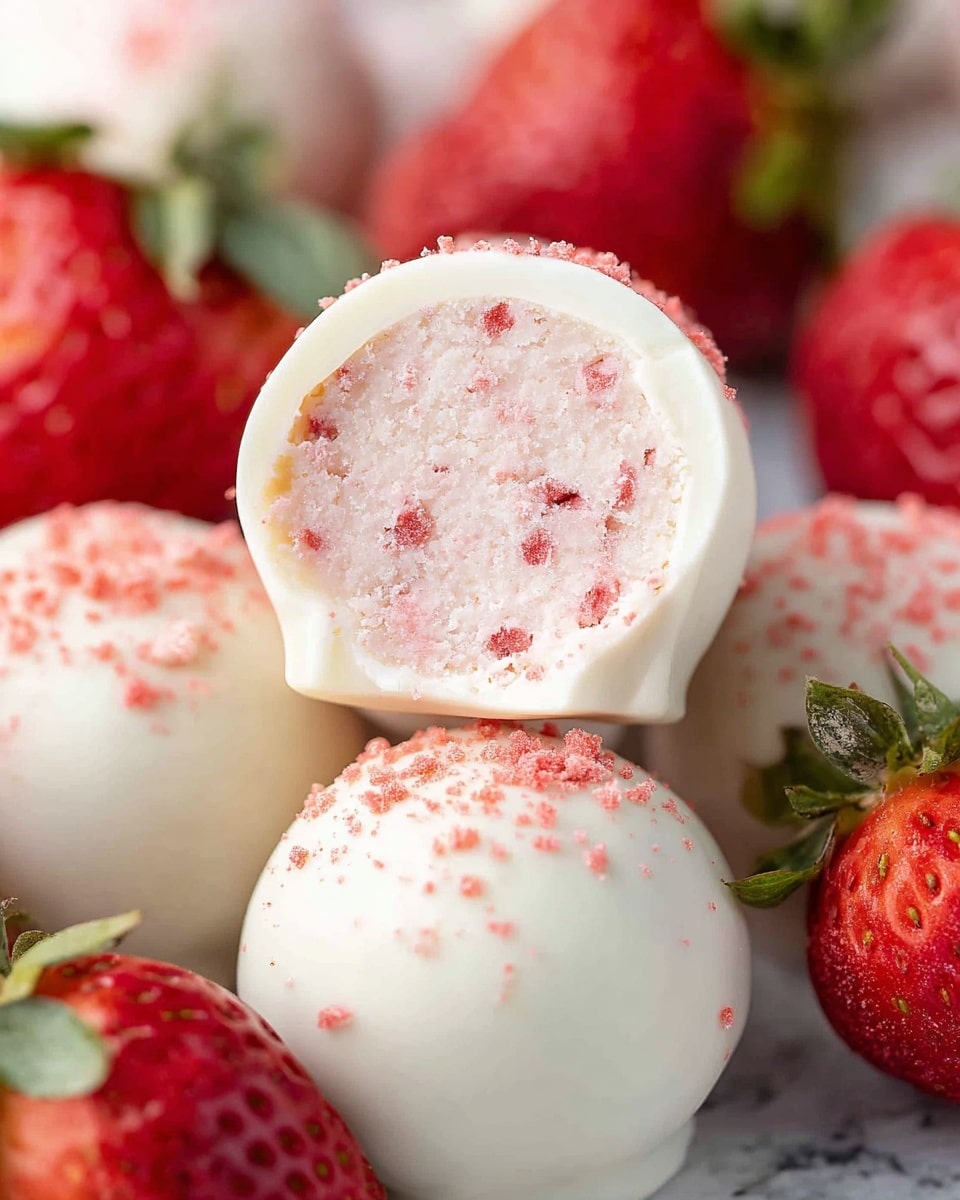 The image shows several round white chocolate balls with a smooth white outer layer. One ball is cut open in the center, revealing a dense, light pink inside with tiny red specs throughout, giving it a textured and slightly crumbly look. Around the chocolate balls, there are whole red strawberries with visible seeds and green leafy tops, creating a fresh contrast. The sweets and strawberries rest on a white marbled surface. photo taken with an iphone --ar 4:5 --v 7