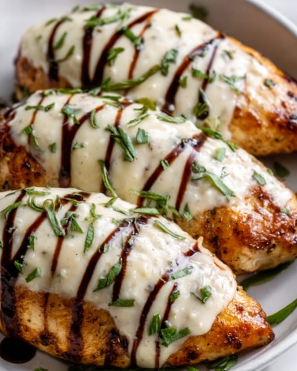 The image shows a close-up of grilled chicken pieces arranged in a white plate, each piece topped with a thick, creamy white sauce drizzled evenly across the top, and a dark brown balsamic glaze drizzled in thin lines over the sauce. The chicken has a golden, slightly charred texture with visible grill marks. Small green herb leaves are scattered on top for garnish. The background is a white marbled surface. Photo taken with an iphone --ar 4:5 --v 7