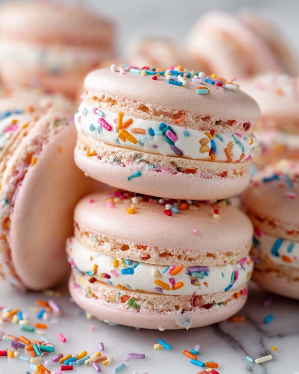 A close-up image of several light pink macarons lined up next to each other on a white marbled surface. Each macaron has three visible layers: two smooth, light pink shells with a slightly textured edge, and a creamy white filling in the middle that has small, colorful sprinkles scattered throughout. Around the macarons, there are round, flat confetti pieces in bright colors like red, orange, green, purple, and yellow scattered on the surface. photo taken with an iphone --ar 4:5 --v 7