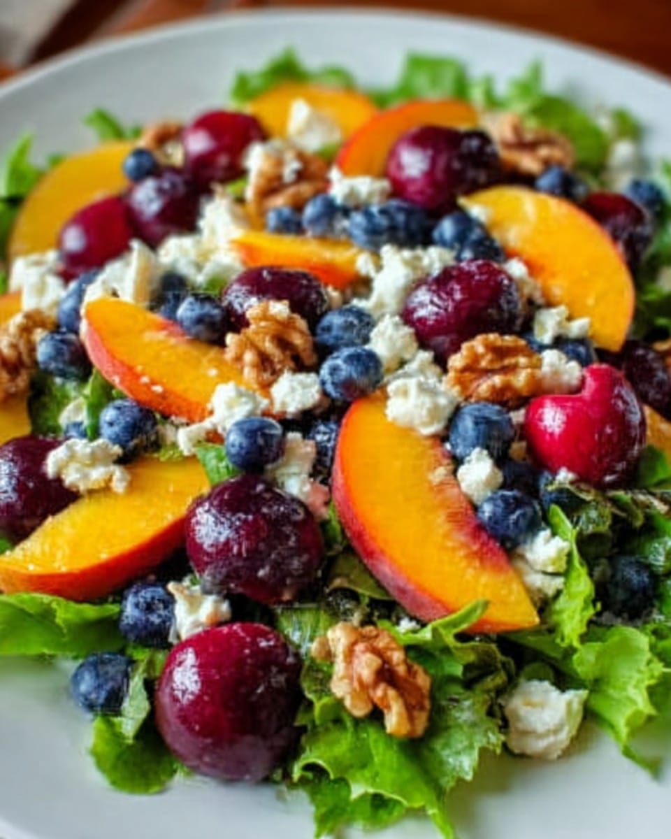 A white plate filled with a fresh salad featuring three distinct layers: the base layer is bright green leafy lettuce, the middle layer holds dark blue blueberries and red grapes, and the top layer is decorated with orange peach slices, white crumbled cheese, and small brown walnut pieces scattered evenly. The colors are vibrant and fresh against the white marbled surface beneath the plate. photo taken with an iphone --ar 4:5 --v 7