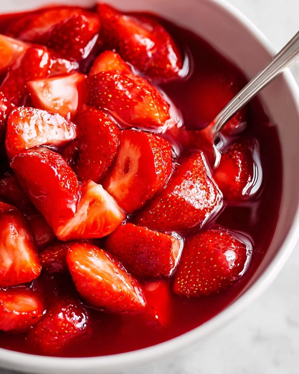 A close-up of a white bowl filled with bright red strawberry halves and chunks, all coated in a shiny, thick red syrup that pools at the bottom, with a silver spoon partially submerged among the strawberries in the middle. The strawberries have a fresh, glistening texture with visible tiny seeds and smooth flesh, set against a white marbled textured background. photo taken with an iphone --ar 4:5 --v 7