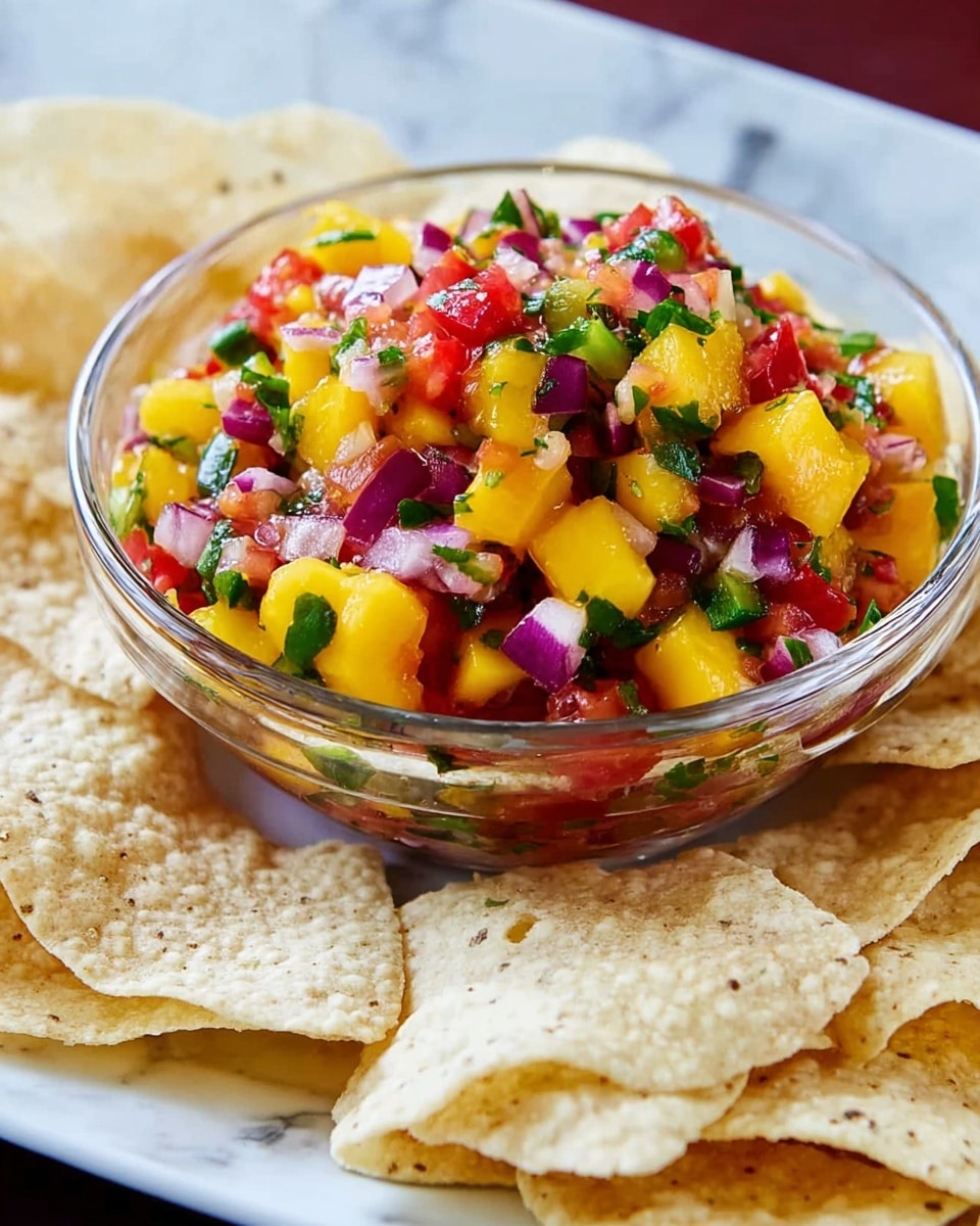 A clear glass bowl filled with colorful salsa sits in the center, showing a mix of chopped yellow mango pieces, red tomato chunks, purple onion slices, small green herb leaves, and bits of jalapeño, all moist with a glossy texture. Around the bowl are light beige, crisp tortilla chips with a slightly grainy surface, scattered casually on a white marbled surface. The vibrant colors of the salsa contrast with the neutral tones of the chips, giving a fresh and appetizing look. photo taken with an iphone --ar 4:5 --v 7