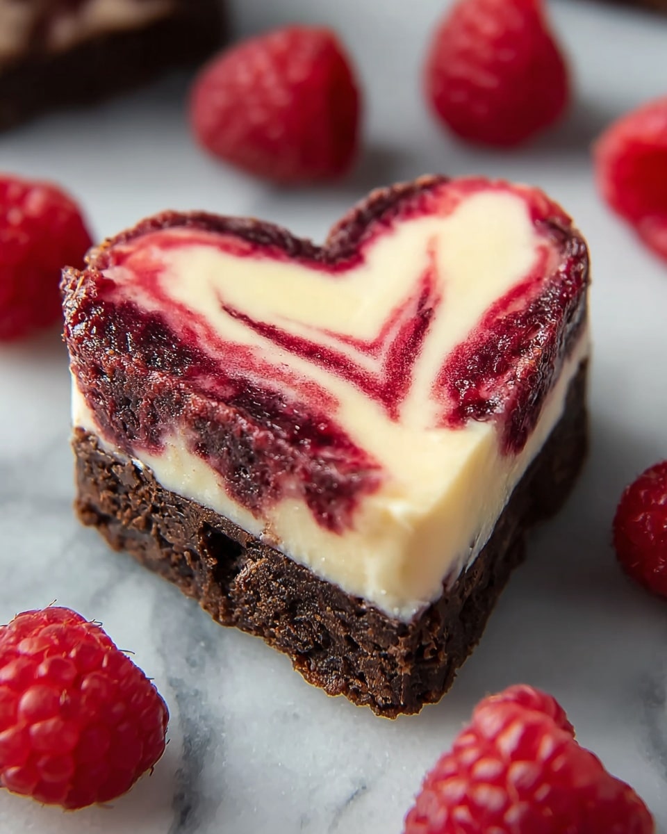 A heart-shaped dessert with three visible layers sits on a dark surface surrounded by fresh raspberries. The bottom layer is thick, dense, and dark brown with a slightly rough texture, resembling a rich brownie base. The middle layer is creamy and smooth with a pale yellow color, resembling cheesecake. The top layer has a marbled pattern of white and deep red swirls, likely raspberry sauce, creating a striking contrast and a glossy finish. The edges of the dessert show a clean cut, with the raspberry swirls slightly dripping into the cheesecake layer. Photo taken with an iphone --ar 4:5 --v 7
