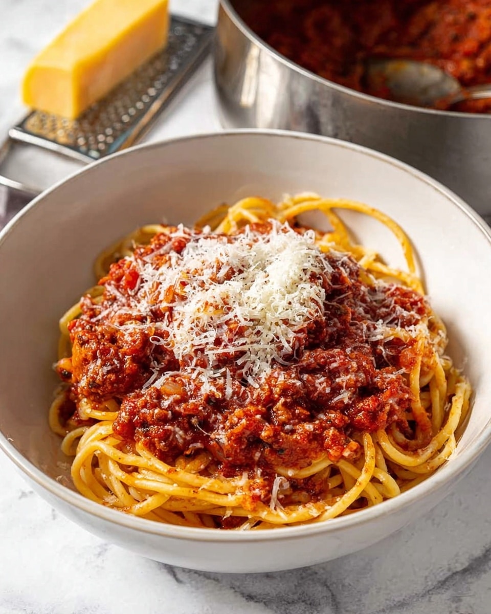 A white bowl filled with thick spaghetti coated in a rich red tomato meat sauce, placed at the center of the image. The spaghetti noodles are twisted and layered, showing a dense texture with a glossy shine from the sauce. On top of the pasta, there is a generous layer of finely grated white cheese evenly spread over the sauce. In the background, part of a pot with more red meat sauce is visible, along with a white marble surface underneath the bowl, a block of cheese, and a metal grater. The overall scene has a cozy and homemade feel. photo taken with an iphone --ar 4:5 --v 7