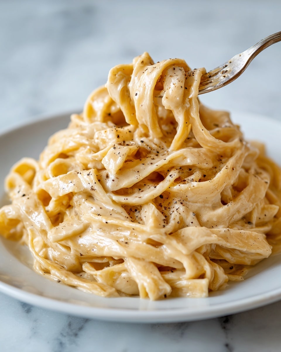 The image shows a close-up of a white plate filled with wide, flat pasta noodles layered in a loose pile. The pasta is pale beige with a smooth and slightly glossy texture, coated with a light sauce. There are small black specks of pepper scattered evenly on top. A silver fork is partially inserted into the noodles on the right side, held by a woman's hand. The background is a white marbled surface. Photo taken with an iphone --ar 4:5 --v 7