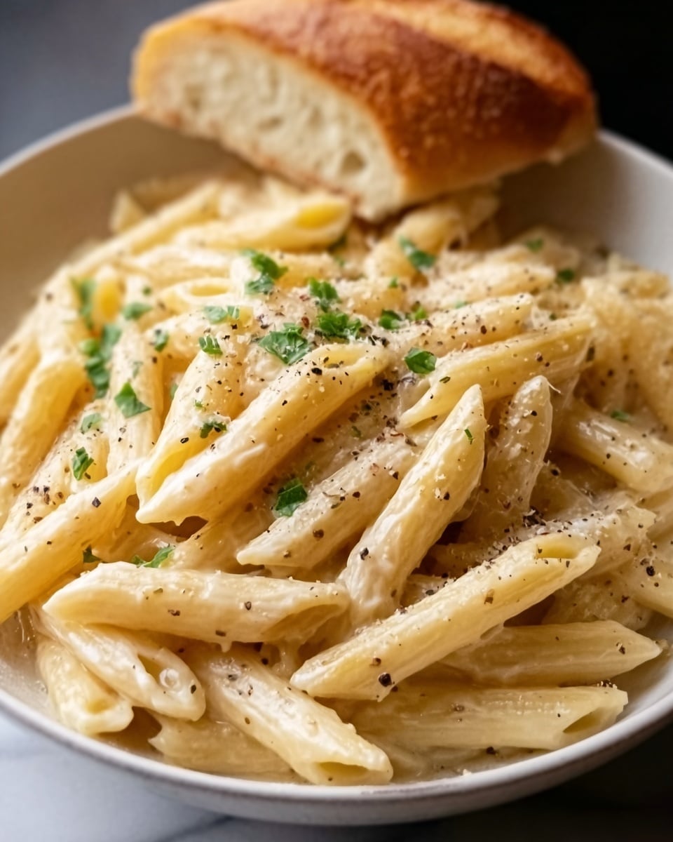 The image shows a close-up of a creamy penne pasta dish served in a white bowl. The pasta is coated evenly with a smooth, light beige sauce. On top, there is a sprinkle of green herbs and a few bits that look like ground pepper or grated cheese, adding texture and a slight contrast in color. A piece of bread with a golden-brown crust is placed behind the pasta, slightly tilted to the side. The background is a white marbled surface. photo taken with an iphone --ar 4:5 --v 7
