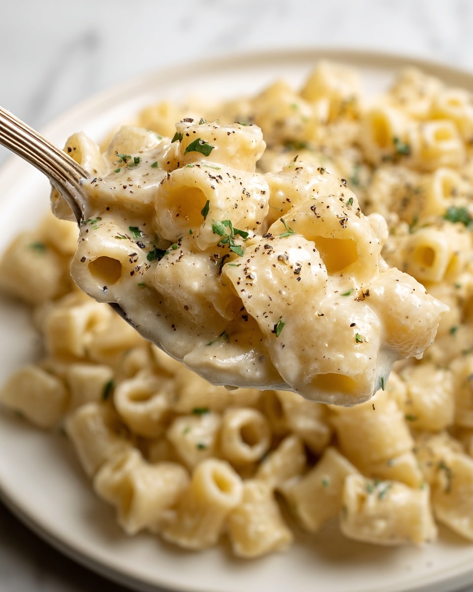 A close-up of a white plate filled with small tube-shaped pasta covered in a creamy white sauce mixed with specks of black pepper and garnished with tiny bits of green herbs. In front, a golden spoon holds a scoop of the pasta coated thickly with the sauce, showing the smooth and soft texture of the pasta and sauce layered evenly. The background is a white marbled texture that brightens the creamy colors of the dish. photo taken with an iphone --ar 4:5 --v 7