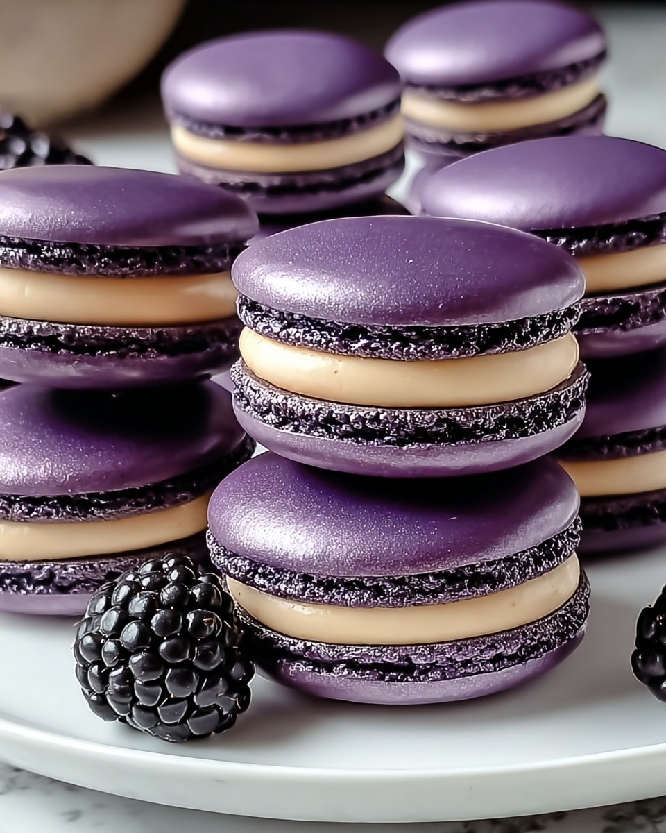 Several purple macarons are placed on a white plate on a white marbled surface, with two macarons stacked in the center. Each macaron has two smooth, shiny purple shells sandwiching a thick layer of light beige cream filling. The edges of the purple shells are textured and slightly darker. Two shiny black blackberries are positioned near the macarons on the plate. Photo taken with an iphone --ar 4:5 --v 7