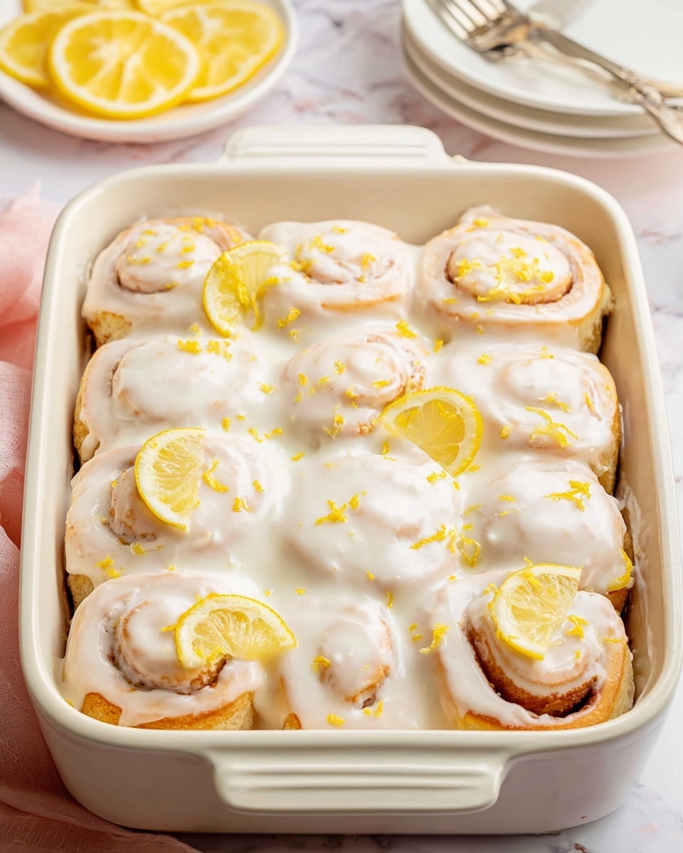 The image shows a white rectangular baking dish filled with nine cinnamon rolls covered in a thick, creamy white icing, slightly melted and pooling at the edges. The cinnamon rolls are golden-brown with visible swirls beneath the smooth icing. On top of the icing, there are bright yellow lemon zest sprinkles and a few small lemon wedge pieces placed over the rolls for decoration. The dish is set on a white marbled surface with a white plate of lemon slices and a white plate with silver forks partially visible in the background. Photo taken with an iphone --ar 4:5 --v 7