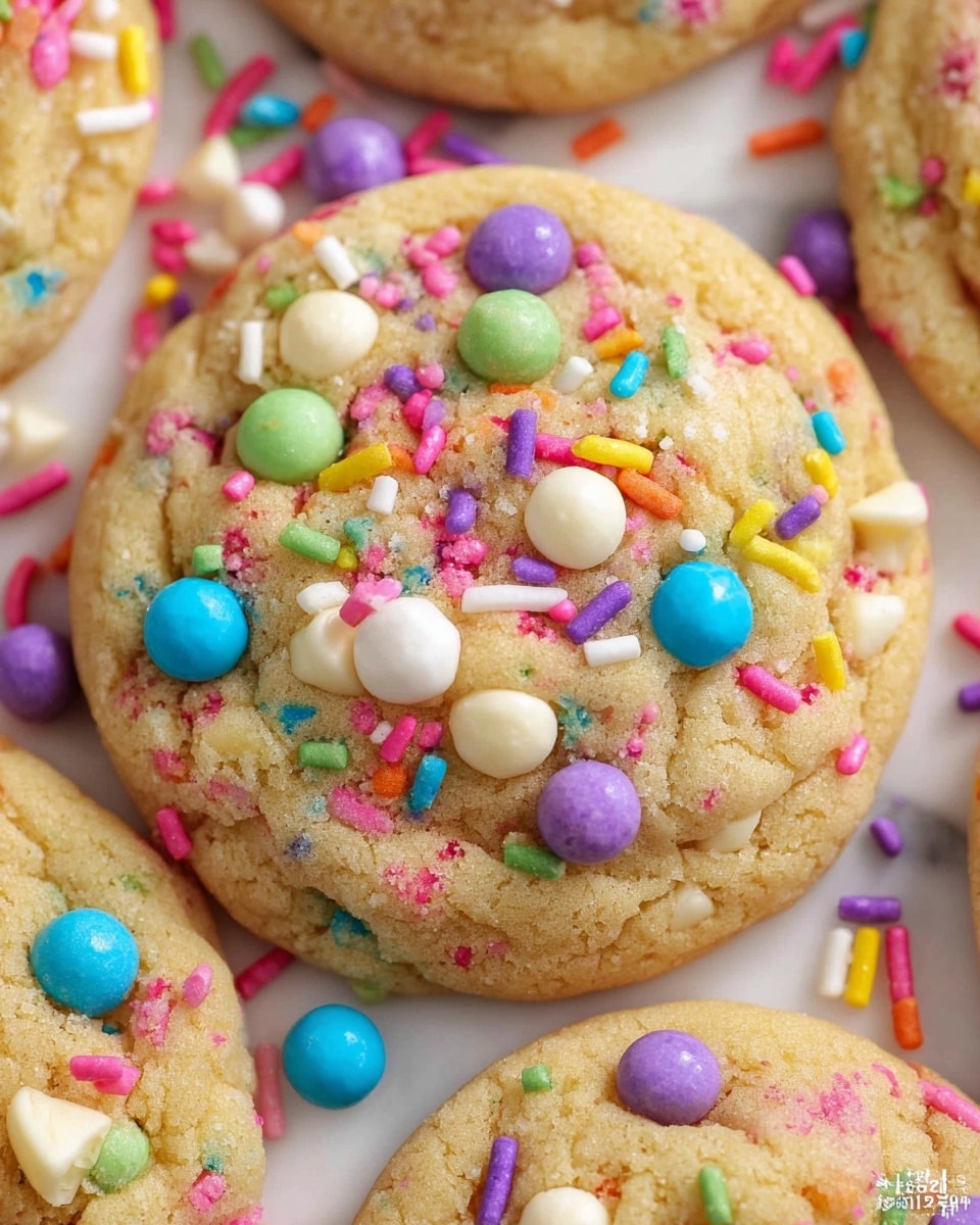 A close-up view of a pile of cookies with a soft, slightly cracked golden-brown texture. Each cookie is covered in a dense layer of colorful sprinkles and candy pieces, including round pink, green, blue, and yellow candies, as well as small white chocolate chips. The sprinkles are multi-colored, featuring bright purple, yellow, pink, white, and orange, scattered thickly on the cookie surface. The cookies appear thick and slightly soft, stacked closely together on a white marbled surface. photo taken with an iphone --ar 4:5 --v 7