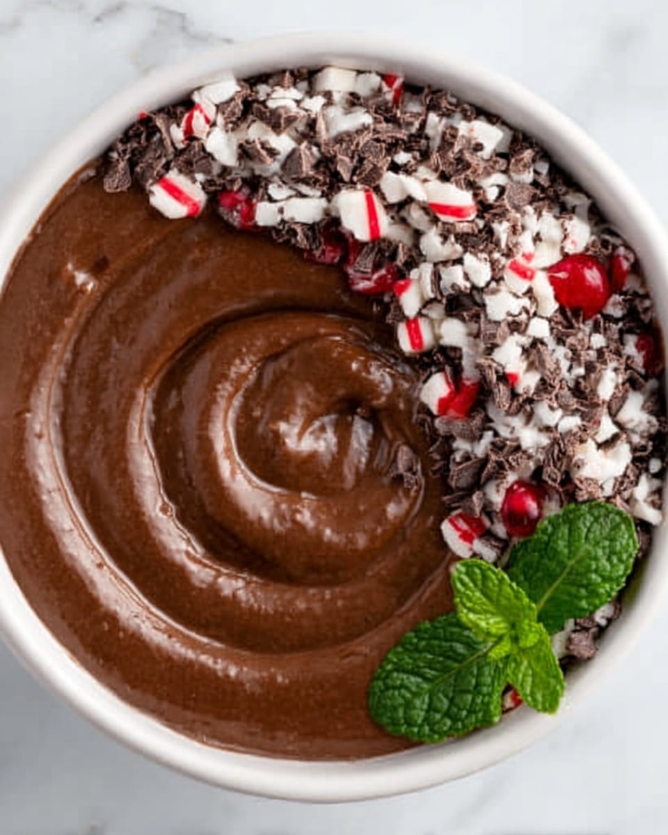 A white bowl filled with smooth, thick chocolate mousse swirled in the center, with a rough layer of crushed white and pink peppermint candy and small chocolate chunks arranged along one side of the bowl's edge, and three fresh green mint leaves placed on the opposite side of the candy. The bowl sits on a white marbled surface. Photo taken with an iphone --ar 4:5 --v 7