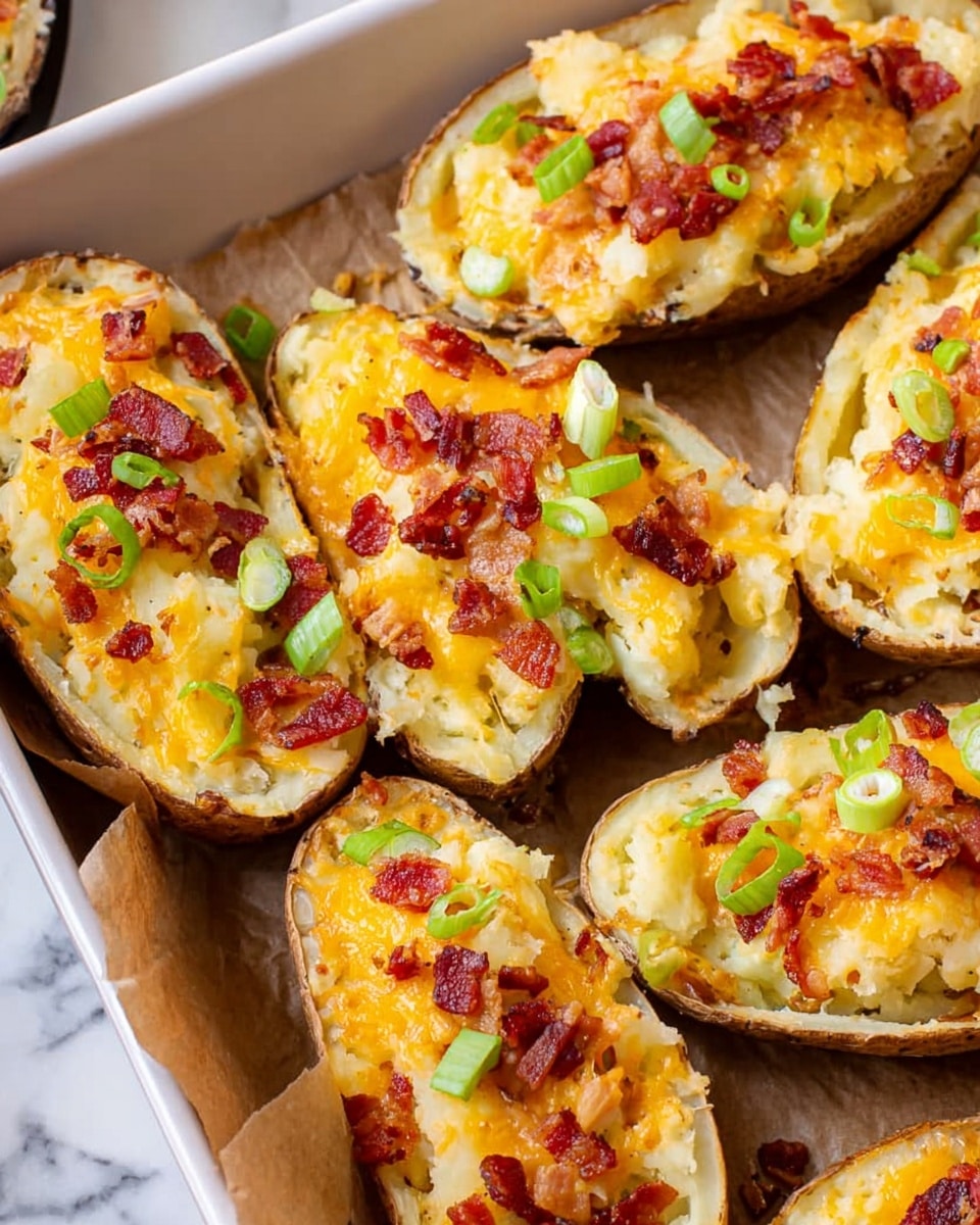The image shows several stuffed potato skins placed in a white tray lined with brown parchment paper. Each potato skin has a rough brown outer shell and is filled with a creamy, light yellow mashed potato layer. On top of this mashed layer, there is a bright orange melted cheese layer, sprinkled with small pieces of red crispy bacon and thin slices of green onion, giving a mix of colors and textures. The potato skins are closely arranged, showing a soft, cheesy, and crunchy topping contrasted with the rough textured potato skin base. The surface underneath the tray is a white marbled texture. photo taken with an iphone --ar 4:5 --v 7