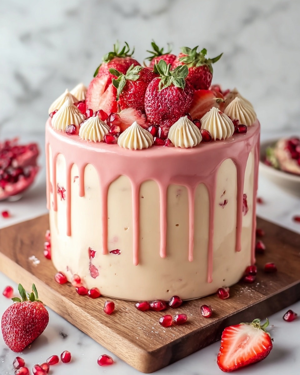 A tall, creamy cake with three smooth, light beige layers stands on a wooden board. The cake is covered in a pale pink glaze that drips down the sides in long, shiny streams. On top, there are dollops of white whipped cream spaced evenly around the edge. The center of the top layer is crowded with fresh whole strawberries, some cut in half to show their bright red inside, and scattered shiny red pomegranate seeds. The base of the cake has a thin layer of crushed nuts or crumbs in dark brown. The scene is set on a white marbled surface with a few strawberries and pomegranate seeds around. Photo taken with an iphone --ar 4:5 --v 7