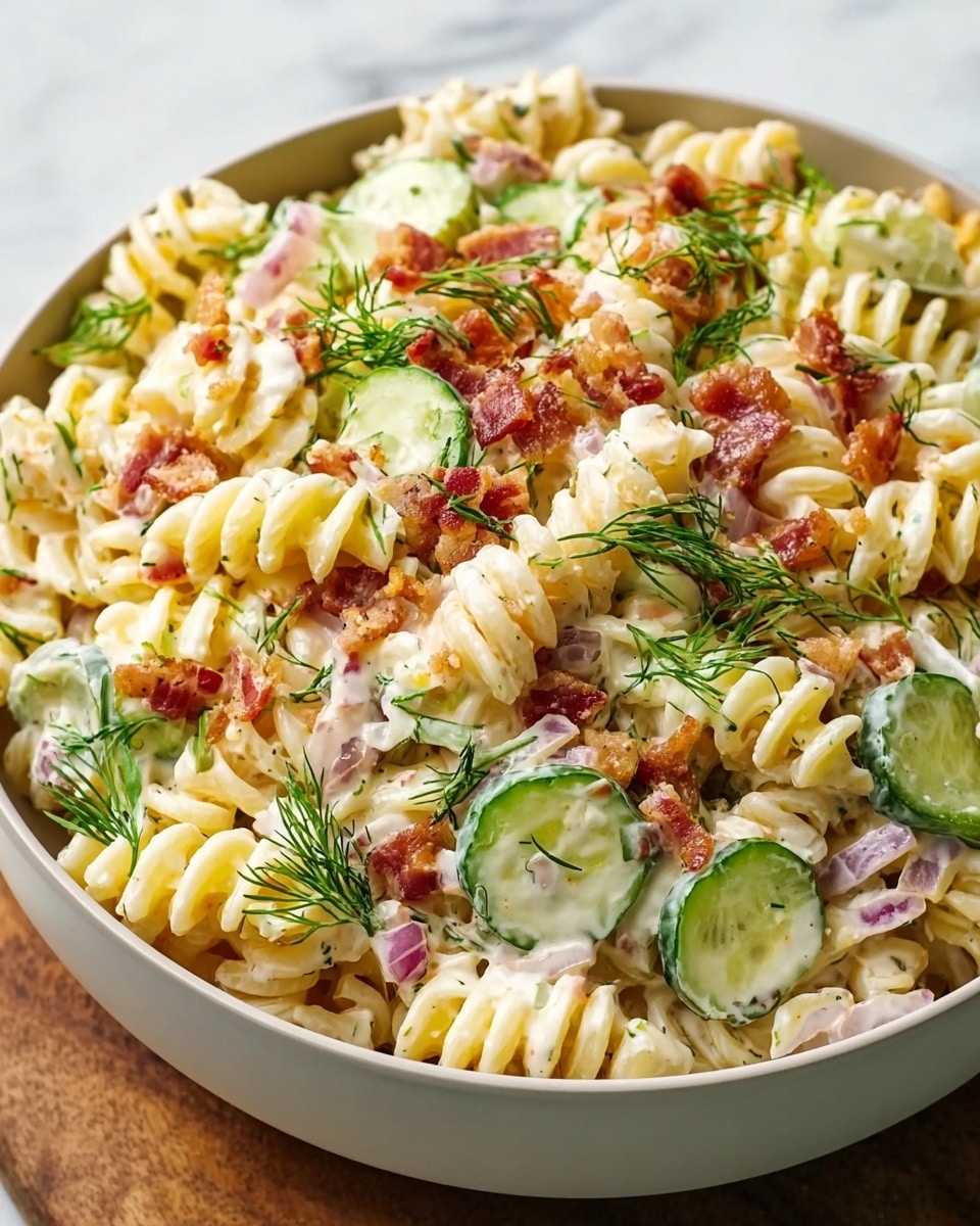A close-up view of a creamy pasta salad in a white bowl filled to the top. The dish has three main layers: a base layer of short spiral pasta in pale yellow, mixed with a thick, white creamy dressing spotted with green herb flecks. Scattered throughout are slices of green pickles, small chunks of red onion, and crispy, browned bacon pieces adding texture and color contrast. The top is garnished with fresh sprigs of bright green dill. The bowl is set on a white marbled textured background. photo taken with an iphone --ar 4:5 --v 7