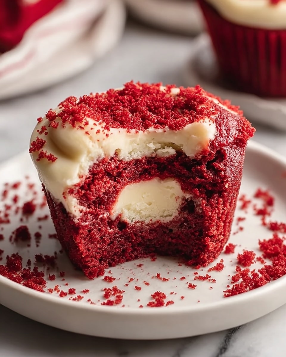 A small red velvet cake cupcake sits on a white plate with a white marbled background. The cupcake has three visible layers: the top and bottom layers are deep red with a soft, crumbly texture, while the middle layer is creamy white cheesecake filling. Red crumbs cover the outside of the cupcake, with some scattered on the plate around it. Photo taken with an iphone --ar 4:5 --v 7