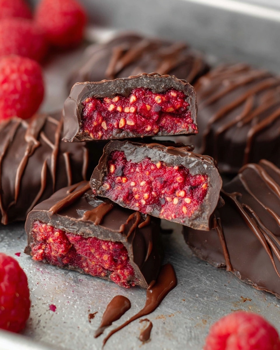 The image shows several pieces of round chocolate-covered raspberry treats with two distinct layers. The outer layer is a smooth, shiny dark brown chocolate shell with some chocolate drizzle on top. The inner layer is a vibrant red and textured raspberry filling mixed with small pieces of nuts or seeds, creating a rough surface. The pieces are cut open, showing the thick chocolate shell surrounding the chunky, moist filling. A couple of bright red raspberries are placed beside the treats on a light brown textured mat inside a metal tray. The scene is set against a white marbled texture photo taken with an iphone --ar 4:5 --v 7