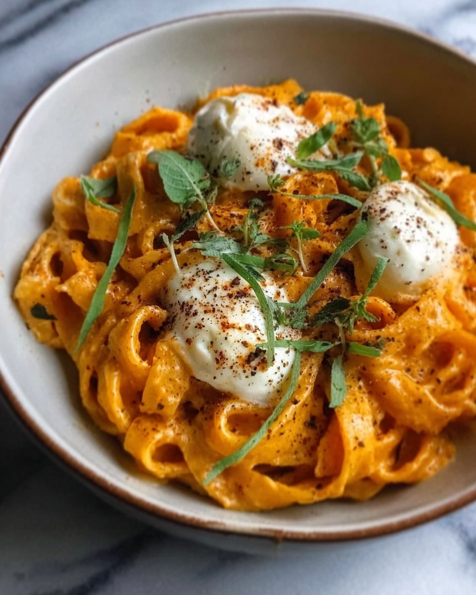 A white bowl filled with thick, creamy orange pasta sauce-coated noodles, topped with three small white dollops of soft cheese, green fresh herb leaves, and a light sprinkle of a dark brown seasoning. The pasta looks rich and smooth with a slightly shiny texture, sitting firmly in the bowl on a white marbled surface. Photo taken with an iphone --ar 4:5 --v 7