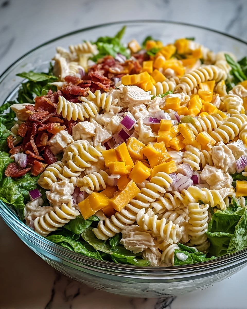 A clear glass bowl filled with a three-layer pasta salad sits on a white marbled texture. The bottom layer is fresh green leafy lettuce, slightly visible beneath the top layers. The middle layer consists of yellow cubed cheese mixed with pieces of cooked white chicken breast, all dotted with small bits of purple-red onion. The top layer contains pale yellow rotini pasta spirals, crispy red bacon bits, and finely chopped green herbs spread evenly throughout. The textures vary from smooth chicken to crunchy bacon and soft pasta, all combined for a colorful and fresh look. Photo taken with an iphone --ar 4:5 --v 7