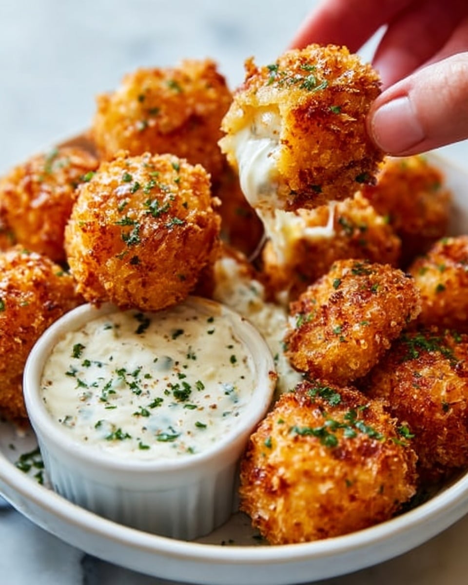 The image shows a bowl filled with golden brown fried bites that look crispy on the outside. Each bite has a rough, crunchy texture with some green herbs sprinkled on top. In the center of the bowl, there is a small white bowl with thick creamy sauce that has green and red specks mixed in. One piece is being dipped in the sauce by a woman's hand, showing the sauce coating the rough surface. The bowl is placed on a white marbled surface. photo taken with an iphone --ar 4:5 --v 7
