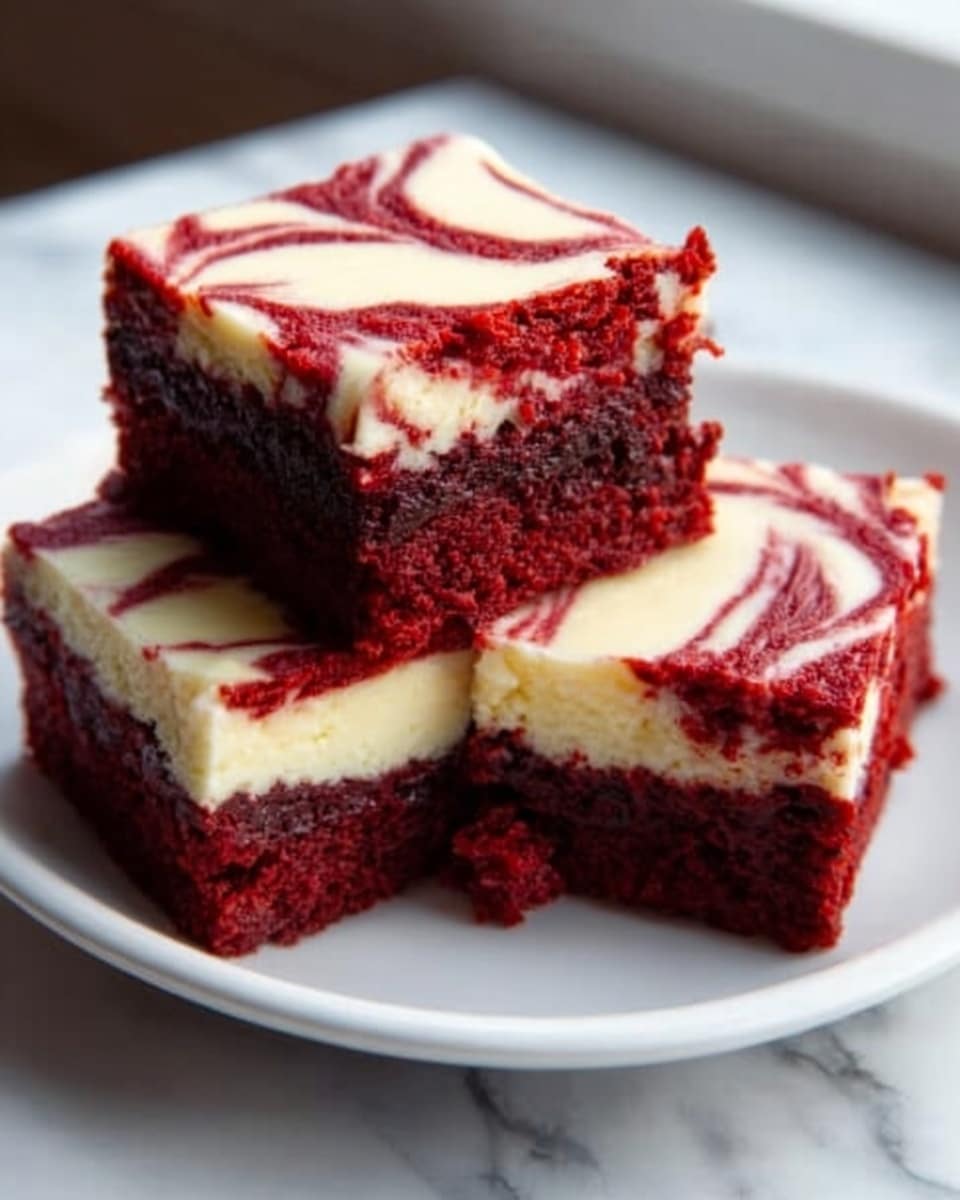 The image shows three thick slices of red velvet cake with a creamy white layer swirled on top, stacked on a simple white plate. Each cake piece has a rich red color for the bottom two layers that look soft and moist, contrasted by a smooth, creamy white layer on top with a swirling pattern where the two colors meet. The cake texture looks dense yet fluffy, with clean, sharp edges. The plate sits on a surface with a white marbled texture, and soft natural light comes from a nearby window, highlighting the details of the cake. Photo taken with an iphone --ar 4:5 --v 7