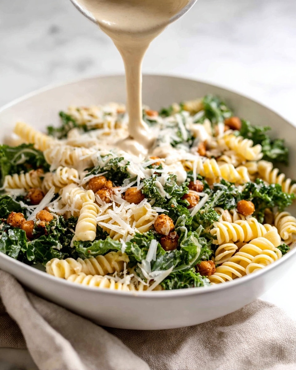 A white bowl filled with a layered salad that includes light yellow spiral pasta, bright green chopped kale, and small golden brown chickpeas scattered throughout. On top, there are thin flakes of white cheese sprinkled evenly, adding texture. In the center, creamy beige dressing is being poured in a smooth stream, forming a small mound that blends with the ingredients beneath. The bowl rests on a white marbled surface with a beige cloth nearby. photo taken with an iphone --ar 4:5 --v 7