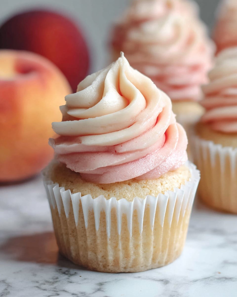 A single cupcake is shown close up on a white marbled surface, with a light yellow cake base wrapped in a white paper liner. On top, there is a smooth swirl of two-tone frosting, with soft creamy white and light pink colors twisted together in a thick, rounded texture creating two visible layers. The background is blurry but shows hints of other similar cupcakes and a peach. Photo taken with an iphone --ar 4:5 --v 7
