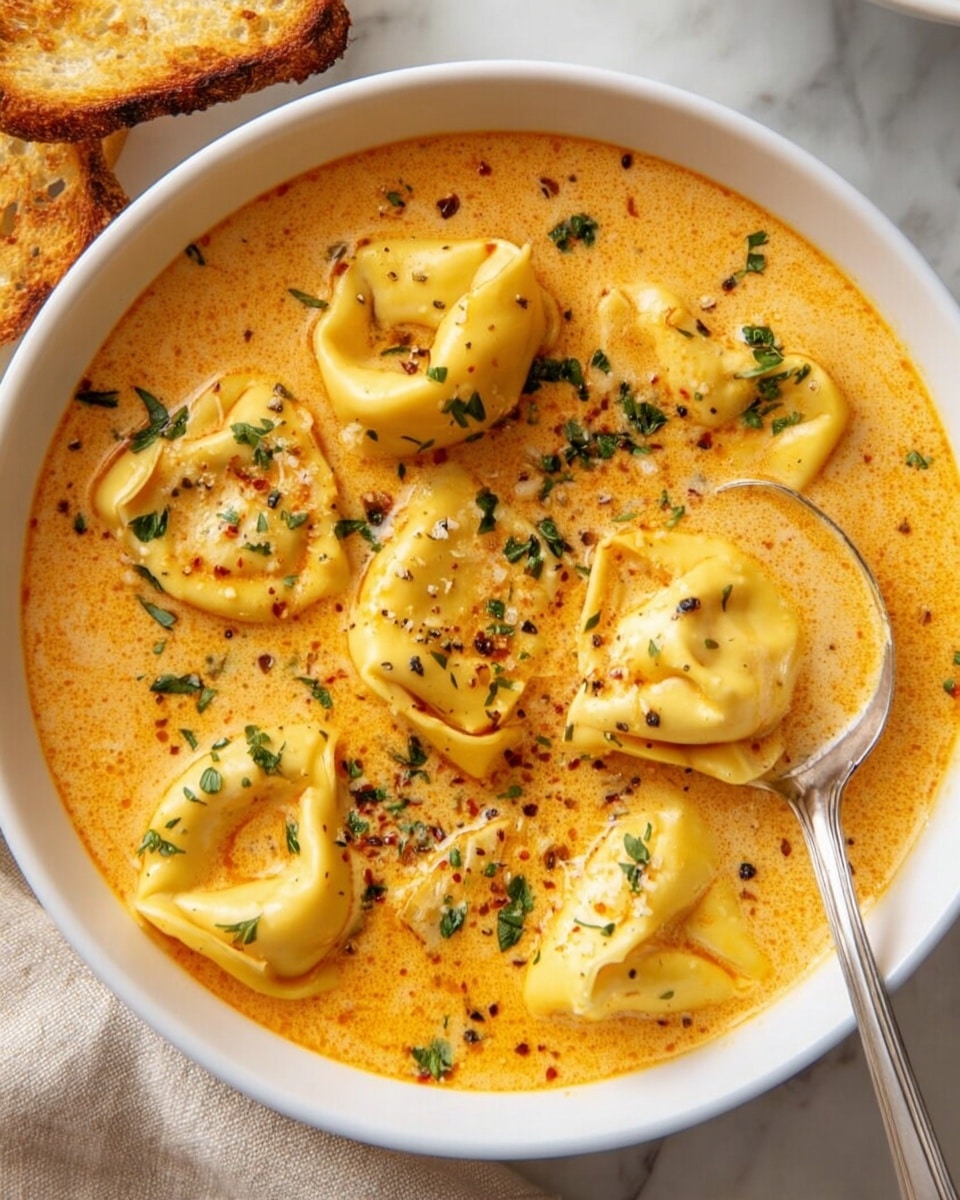 A white bowl filled with creamy orange soup with visible specks of red spice and herbs, containing several yellow tortellini pasta pieces floating on top, coated in the soup. The tortellini are plump and folded, with some sprinkled finely chopped green parsley and black pepper. A silver spoon rests inside the bowl, lifting one tortellini. The bowl is placed on a white marbled surface, with part of a piece of golden toasted bread visible on the left side. Photo taken with an iphone --ar 4:5 --v 7