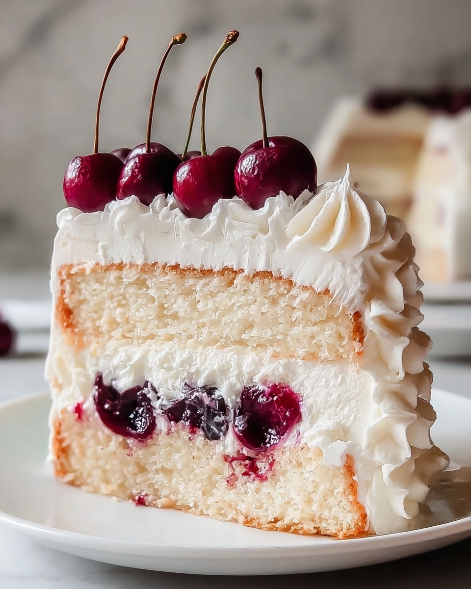 A slice of two-layer white cake with fluffy white frosting between and around the layers, decorated on top with swirls of whipped cream and five dark red cherries with stems. The cake layers have a light, soft texture, and the frosting between layers contains whole cherries embedded in it, showing bright red juice spots. The cake rests on a white plate, set against a white marbled surface. Photo taken with an iphone --ar 4:5 --v 7
