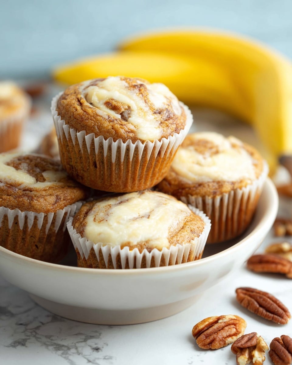 A light gray speckled white bowl is filled with several banana muffins topped with swirls of creamy beige cream cheese. The muffins have a golden brown color with darker brown bits visible, showing a moist texture. Two whole bananas are partly visible in the blurred background along with pecan nuts scattered beside the bowl on a white marbled surface. The arrangement is close-up, highlighting the soft and slightly crumbly texture of the muffins. photo taken with an iphone --ar 4:5 --v 7