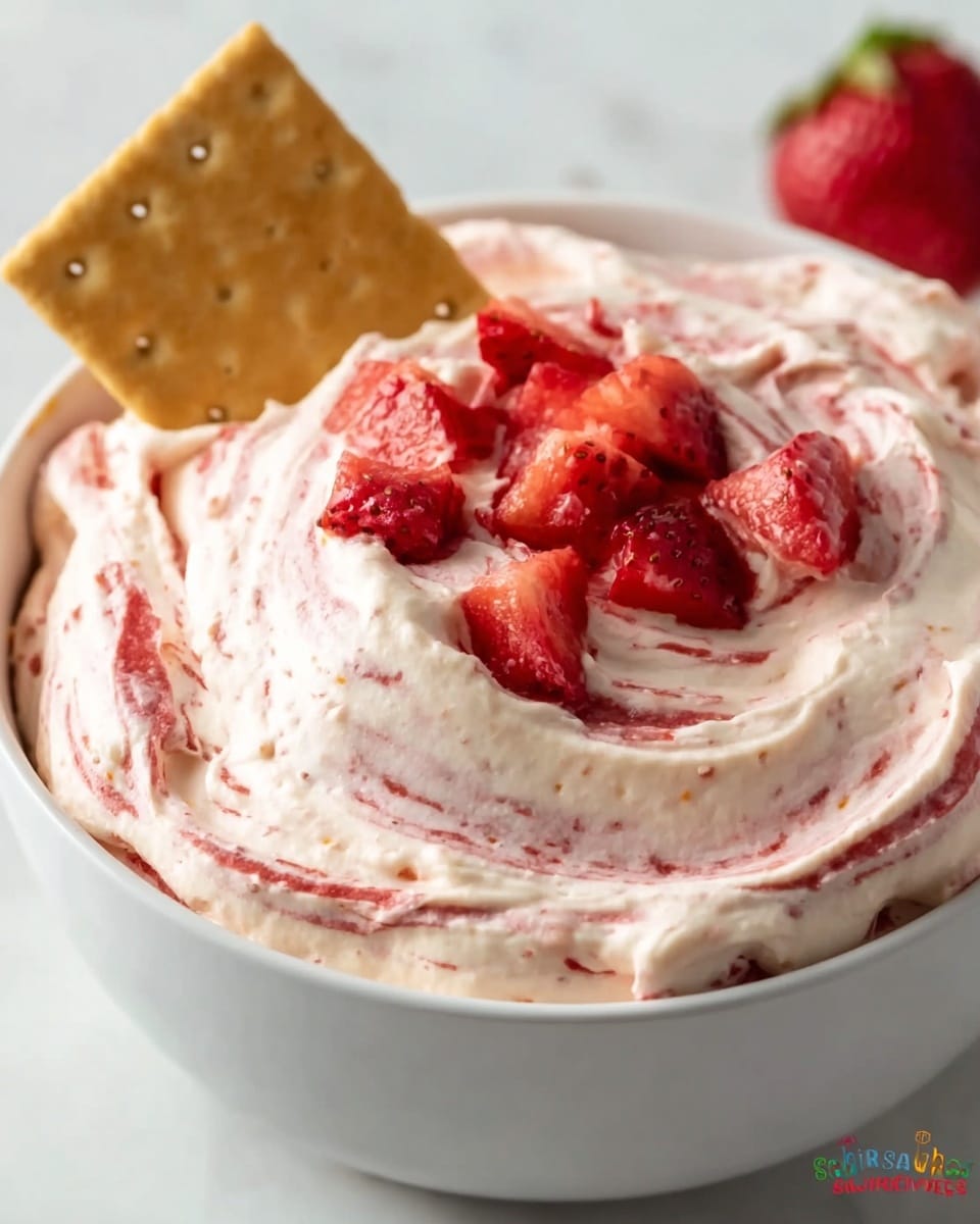 A close-up view of a white bowl filled with creamy, light pink swampy whipped dip that is swirled with deeper red strawberry streaks. Scattered on top are small, fresh, bright red strawberry pieces that add vivid color and texture contrast. Partially dipped in the mix, a light brown cracker leans at an angle inside the bowl. The bowl sits on a white marbled surface, with soft natural light highlighting the smooth and fluffy texture of the dip. photo taken with an iphone --ar 4:5 --v 7