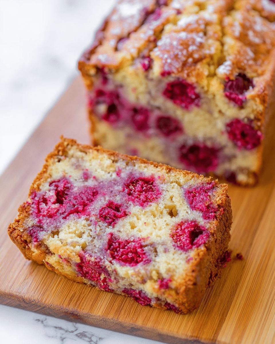 A close-up photo shows a slice of raspberry loaf cake resting on a wooden cutting board. The cake has one thick layer with a light golden-brown crust and a crumbly texture. Inside the slice, bright red raspberries are evenly scattered, creating vibrant red spots against the soft, light beige cake. The top of the loaf is slightly cracked and darker golden with some sugar crystals visible. The background is a white marbled texture. photo taken with an iphone --ar 4:5 --v 7