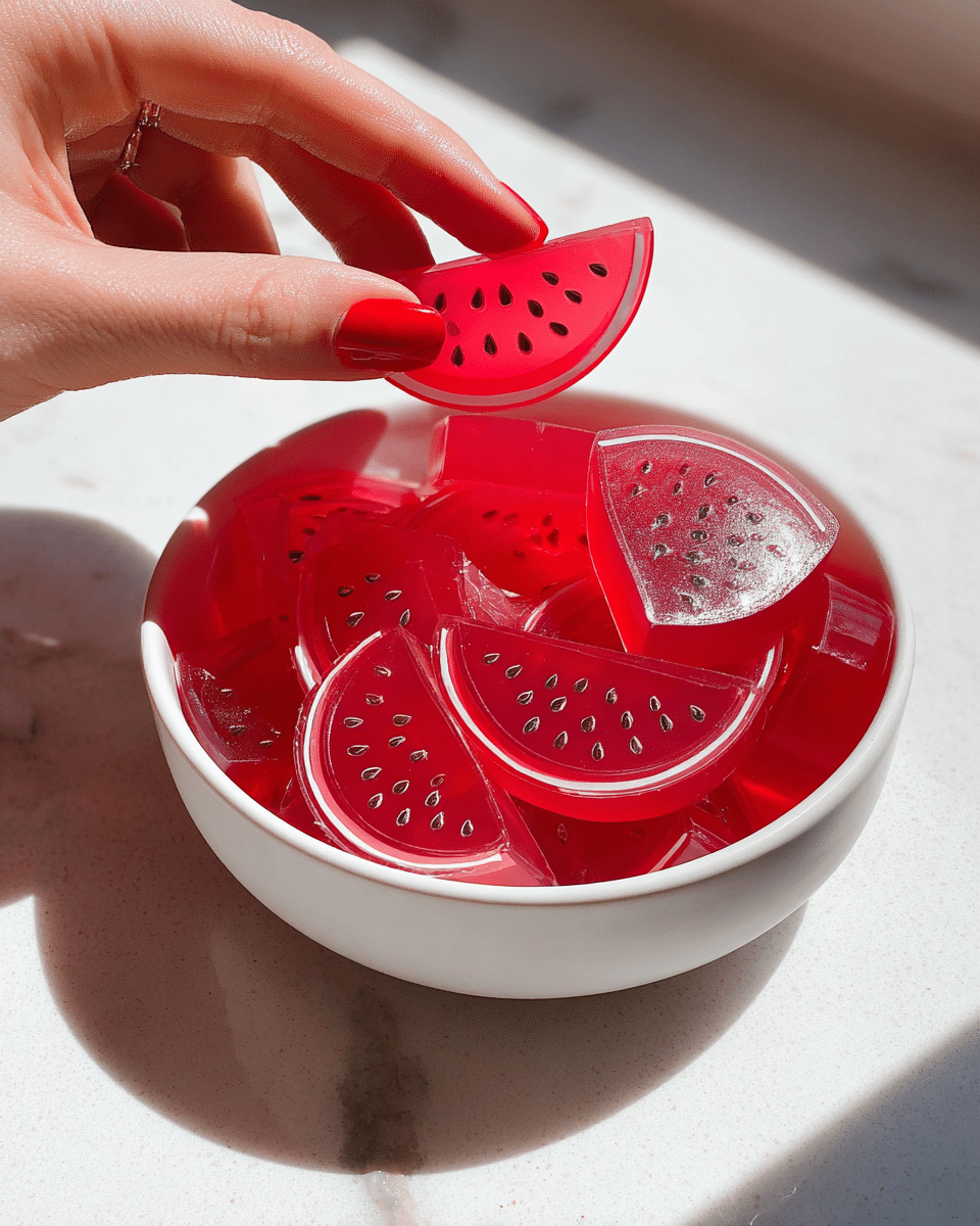 A white bowl filled with many small, bright red jelly pieces shaped like watermelon slices, each piece showing seed details and translucent texture that catches light. A woman's hand with red nail polish is picking up one of the jelly pieces near the bowl's edge. The bowl sits on a white marbled surface, and soft natural light creates shadows and highlights, emphasizing the jelly’s smooth, shiny appearance. Photo taken with an iphone --ar 4:5 --v 7