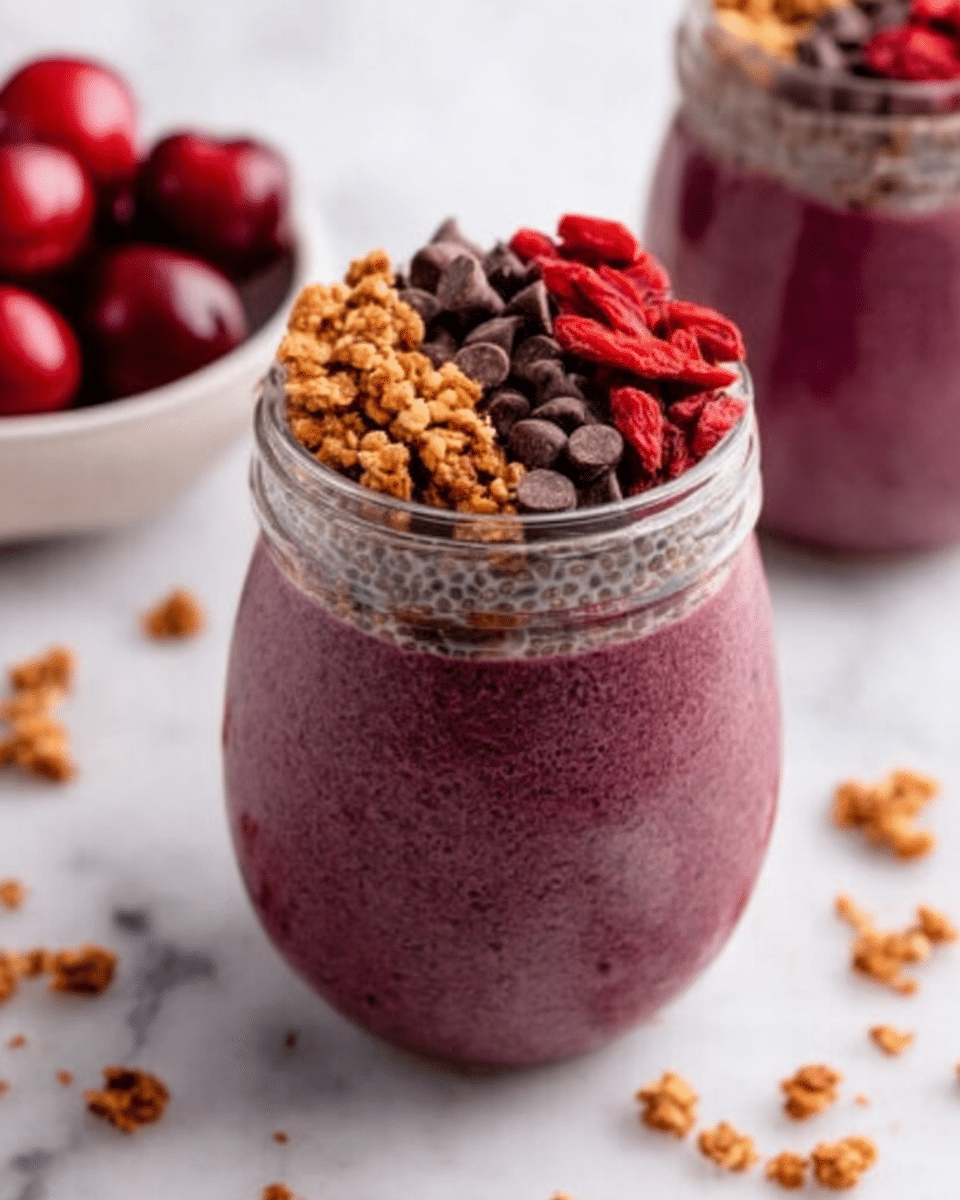 The image shows a glass jar filled with three visible layers: the bottom layer is a thick, deep purple chia pudding with a smooth texture; the top layer is divided into three sections, starting with a cluster of crunchy, golden-brown granola on the left, followed by dark brown chocolate chips in the middle, and bright red dried fruit pieces on the right. The jar is placed on a white marbled surface with some scattered granola nearby, and in the blurred background, a white bowl filled with red cherries. The photo was taken with an iphone --ar 4:5 --v 7