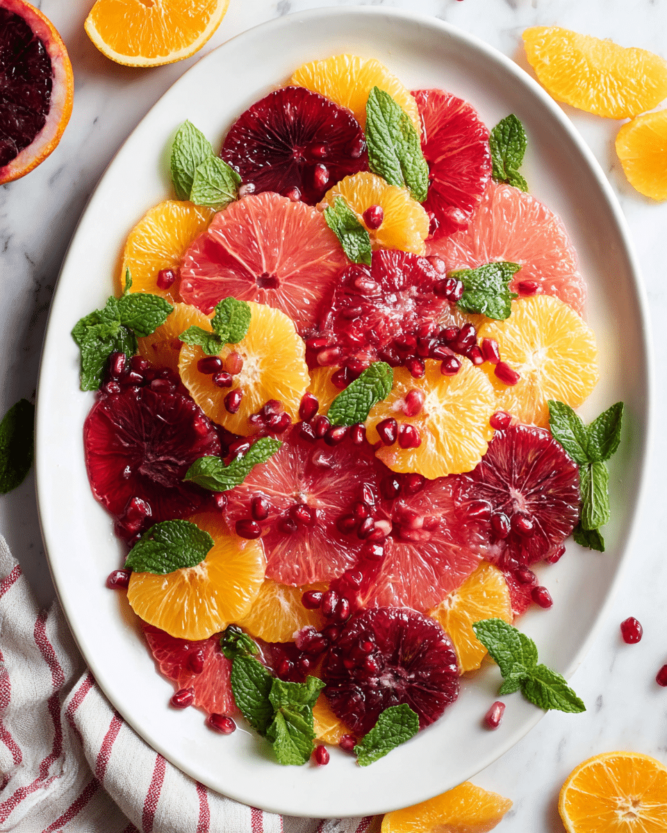 A large white oval plate holds a colorful citrus salad made of thin, round slices of bright red blood oranges, deep pink grapefruit, and vivid yellow-orange oranges. The citrus slices are spread out evenly in a flat layer, topped with scattered shiny, deep red pomegranate seeds and fresh green mint leaves placed artfully all over the fruit. The plate is set on a white marbled surface with some scattered citrus wedges around it and a striped cloth partially visible at the bottom left. photo taken with an iphone --ar 4:5 --v 7