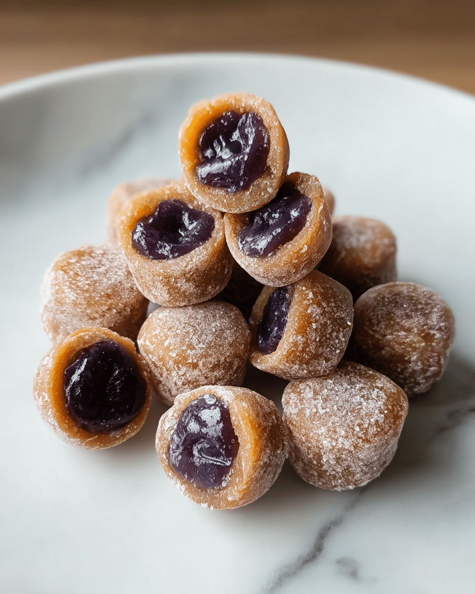 A white plate holds a small pile of round, bite-sized candies. Each candy is made of two layers: an outer layer that is light brown and slightly sugar-coated with a matte, powdery texture, and a dark purple, glossy center that looks soft and sticky. The candies have a smooth surface with some rough patches from the powdery coating, and they are stacked casually in the middle of the plate. The background is a white marbled texture. photo taken with an iphone --ar 4:5 --v 7